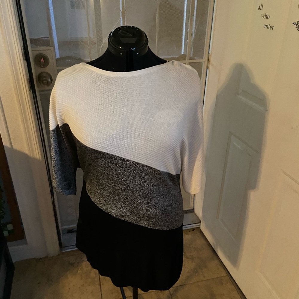 Black gray and white dressy top
